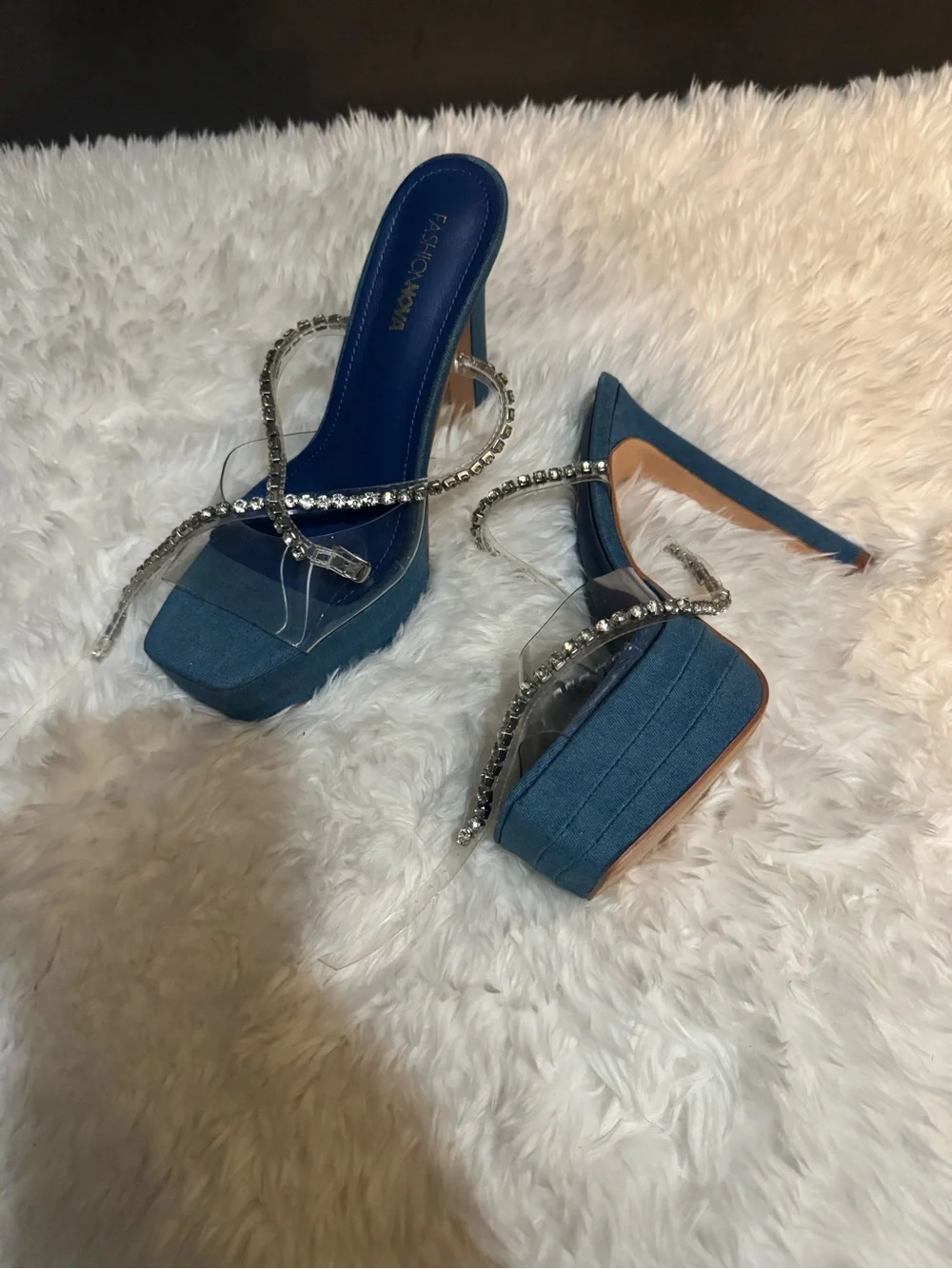 Fashion Nova Navy Blue Platform Stiletto Sandals with Rhinestone Wrap